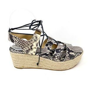 MICHAEL Michael Kors Womens Black Cream Leather Ankle Wrap Wedge Sandal Size 6